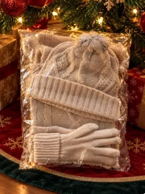 New! Super Soft Beige Cable Knit Pom Beanie, Scarf & Glove Set thumbnail 7