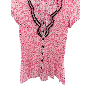 Dressbarn Pink Floral Pleated‎ Ruffle Button Blouse Romantic Cottagecore M thumbnail 3