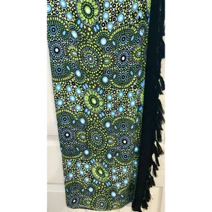 Wayan Natural Wear Sarong Cover Up Lime Green Blue Mandala Fringe Scarf Festival thumbnail 8