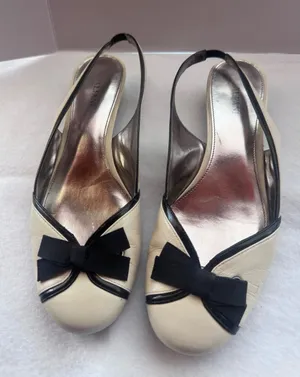 Alfani Kendal Women 9M Cream Black Bow Slingback Low Block Heel Pumps Shoes thumbnail 1