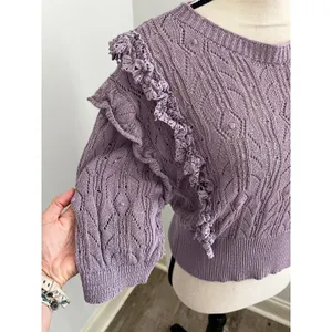 Pointelle Ruffle Knit Sweater Large Purple Boho Chic Coquette Romantic Feminine thumbnail 3