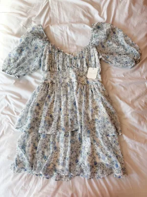 Altar’d State White And Blue Floral Petal Puff Sleeve Dress Size Small thumbnail 1