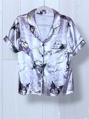 SANRIO KUROMI Satin Pajama Top Purple Striped Button Down Sleep Shirt - Size M thumbnail 3