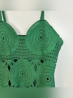 FORE Emerald Green Knit Crochet Sleevless Scallop Cotton Mini Dress Size Large thumbnail 5