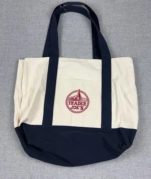 Trader Joe's Canvas Tote Bag Cream Navy Logo Reusable Grocery Shopping Large thumbnail 1