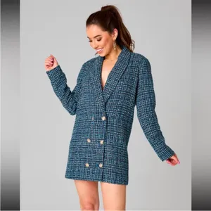 BuddyLove Blue Green‎ and Gold metallic tweed Blazer dress Size Medium thumbnail 5