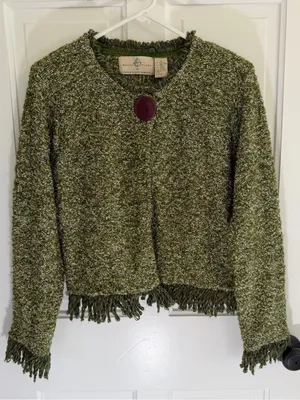 Vintage 90s Design Options Wool Blend Fringe Cardigan Shoulder Pads S thumbnail 1