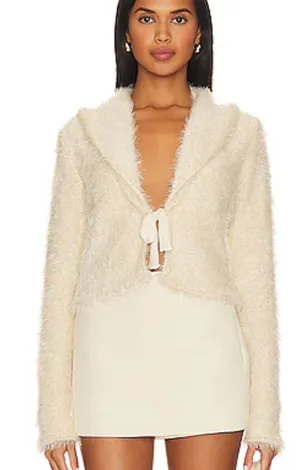 Free People Mina Plush Open-Front Ivory Fuzzy Jacket Tie Closure size small thumbnail 1