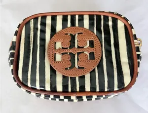 Tory Burch Black & White Striped Cosmetic Pouch Brown Logo Trim thumbnail 1