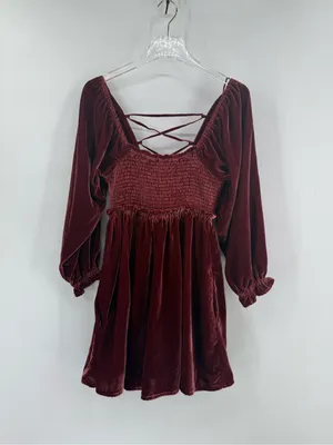 Free‎ People Daphne Burgundy Wine Velvet Babydoll Mini Dress size xs thumbnail 3