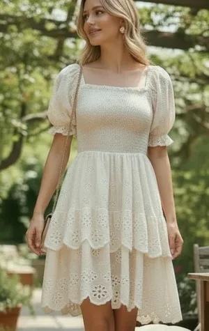 Bershka Size S Cream Tiered Ruffle Dress Eyelet Smocked Puff Sleeve thumbnail 1