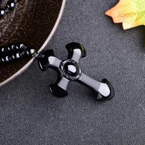 1pc Classic‎ Religious Style Christian Cross Fashion Obsidian Pendant Necklace thumbnail 4