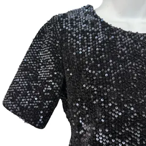 Ann Taylor Black Sequin Short Sleeve Feather Trim Round Neck Shirt Top Size XS thumbnail 11