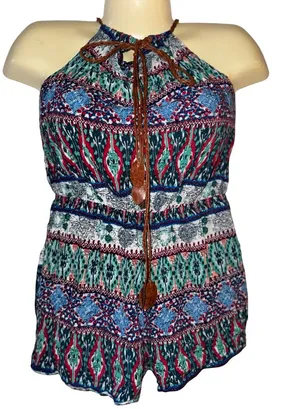 Boho Halter Romper in Teal, Burgundy & Navy Green Size L thumbnail 1