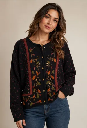 VTG Crystal-Kobe Floral Cardigan Sweater Womens Small Black Autumn Cottagecore thumbnail 1