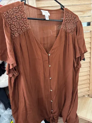 St. John's Bay Rust Brown Button-Front Boho Top with Embellished Shoulders LARGE thumbnail 1