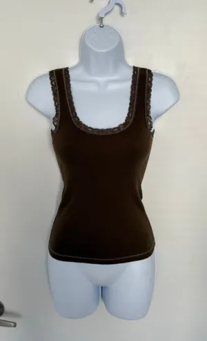 Brandy Melville Brown lace trim cotton tank top - OS thumbnail 2