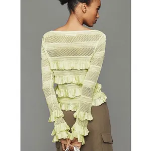Anthropologie Ruffle Open Knit Sweater Womens Large Lime Green Feminine Coquette thumbnail 4