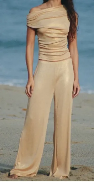 Zara NWT gold shimmery stretchy flowy pants thumbnail 1