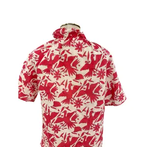 Nimo With Love Linen Bird Print Ruffle Neck Blouse‎ Red Cream Size XS thumbnail 7