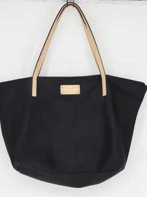 Kate Spade New York Black Nylon Tote Pink Lining Tan Leather Handles Work Bag thumbnail 1