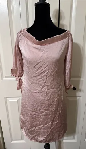 Women's Love Fire Satin Off Shoulder Mini Dress W Quarter Bow Sleeves Med Pink thumbnail 1