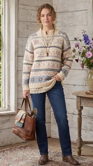 Outback Red women's wool blend fair isles cottagecore granny sweater small thumbnail 1