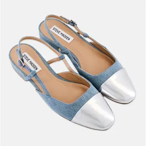 Steve Madden Belinda Adjustable Buckle Sling Back Flats Denim Silver Size 6 thumbnail 1