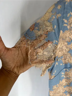 Storia Blue & Beige Floral Lace Illusion Mini Dress Size M thumbnail 4