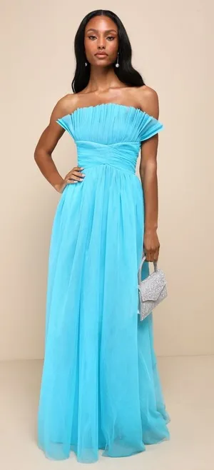 NWOT Lulus Undeniably Iconic Teal Blue Tulle Pleated Strapless Maxi Dress Sz XS thumbnail 1