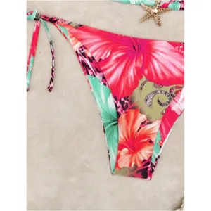 2 Piece Leopard Floral Bikini Swimsuit Halter Triangle String Bathing Suit SMALL Pink thumbnail 3