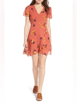 Madewell Dress Posy Cactus Flower Coral Orange Pink floral print wrap ruffle thumbnail 2