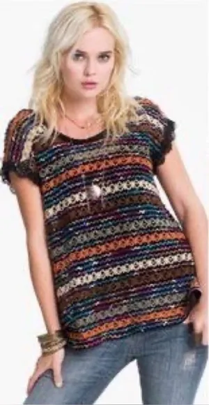 Free People New Romantics‎ crochet Chenille Stripe Knit Top Size Small Lace thumbnail 1