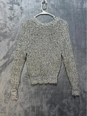 Free People Womens Chunky Knit Sweater Cotton Linen Blend Marled Black White XS thumbnail 2
