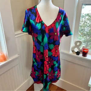 Barbizon Vintage Floral V-Neck Mini Dress Satiny‎ Short Sleeve Large thumbnail 2