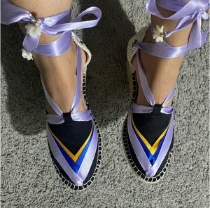Women’s Size 38-handmade Lavender Ribbon Espadrille with Blue Accent thumbnail 1