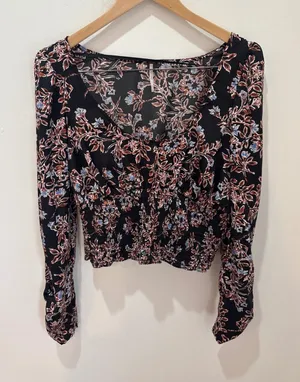 Free People‎ Floral Smocked Waist Square Neck Long Sleeve Blouse Black Large thumbnail 1