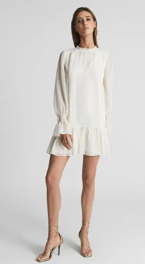 NWT Reiss Esme Shift Mini Dress Long Sleeve Ivory Size 2 Relaxed Fit Victorian thumbnail 2