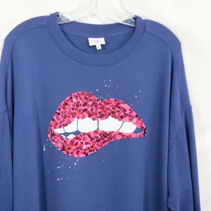 Cabana Crown & Ivy Large Sweatshirt Sequin Lips Pullover Crew Neck Blue‎ 850 thumbnail 6