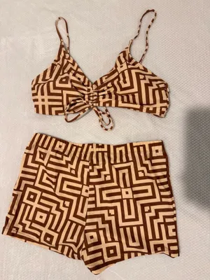Women’s Brown/Beige Geometric 2pc Bikini Top w/ Swim Shorts L thumbnail 1