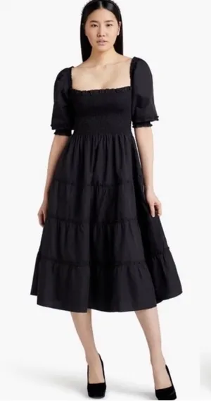 Hill House Nesli Nap Dress Short Puff Sleeve Swiss Dot Tiered Midi Black Small S thumbnail 1