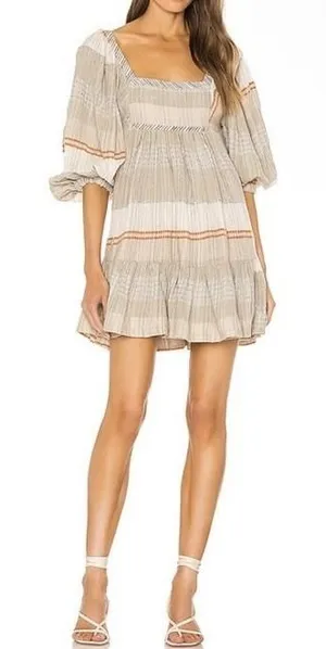Free People Mini Dress Cozy Striped Puff‎ Sleeve Boho Fairy Sz S Open Tie Back thumbnail 1