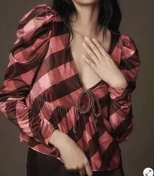 Nwt Anthropologie Maeve Velvet Babydoll Puff Sleeve Blouse Top Pink Plaid S thumbnail 1
