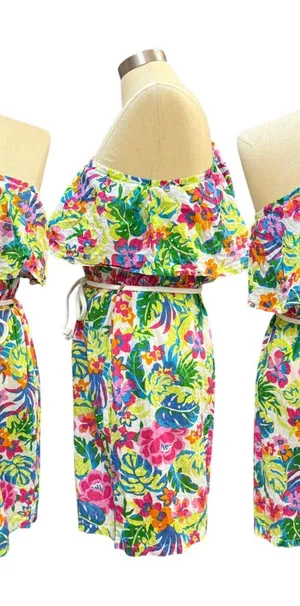 True Destinations XL One Shoulder Floral Ruffle Romper Multi Color Cotton Boho thumbnail 1