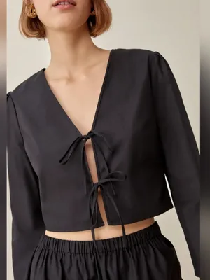 Reformation Medium NEW Hanna Top Black Organic Tie Front Crop Boxy Fit Business thumbnail 1