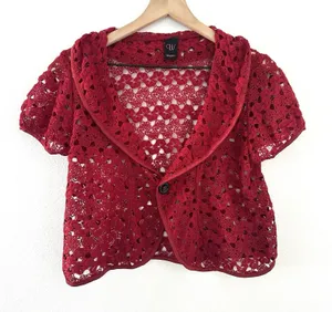 Vintage Y2K Crochet Bolero Shrug Red Buttons Collared Wrapper Indie Cottage S/M thumbnail 1