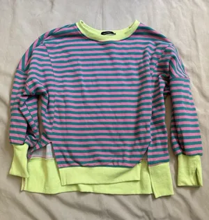 Trendy Queen Pink And Teal Striped Crew Neck Sweatshirt Women's Size S thumbnail 1