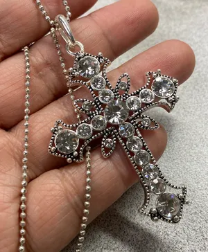 Silver Tone Cross Rhinestone Ornate Pendant Necklace Statement Religious Faith thumbnail 1