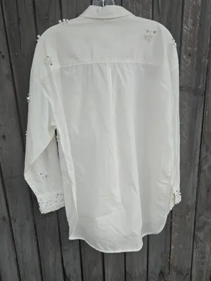 Maeve Embellished White Button-Up Shirt - Elegant Pearl Detail Size S thumbnail 5