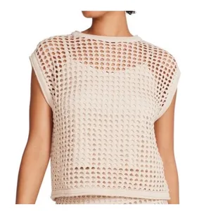 Steve Madden Open Knit Crochet Top Lined Beige Cap‎ Sleeve Coastal Boho Medium thumbnail 2